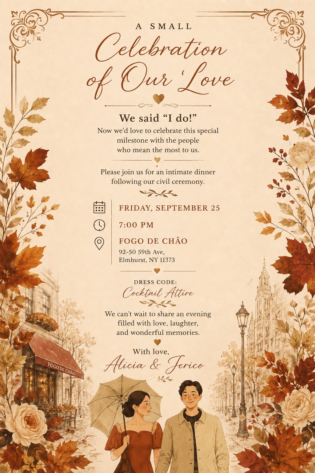 Wedding dinner invitation for Alicia and Jerico